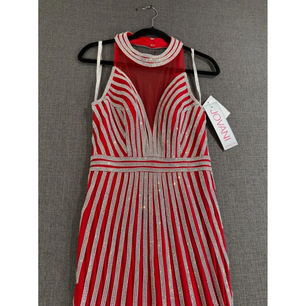 JOVANI Red Sequin Beaded Halter Neck Prom Formal Gown Dress - Picture 2 of 14